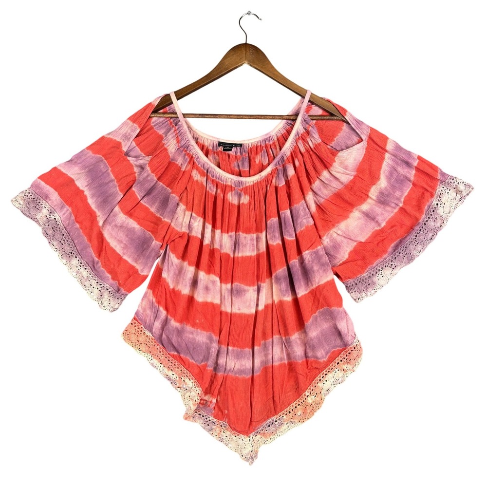 Fashion Fuse Womens Small Tie Dye Lace Trim Boho Blouse Red Purple Orange Fairy